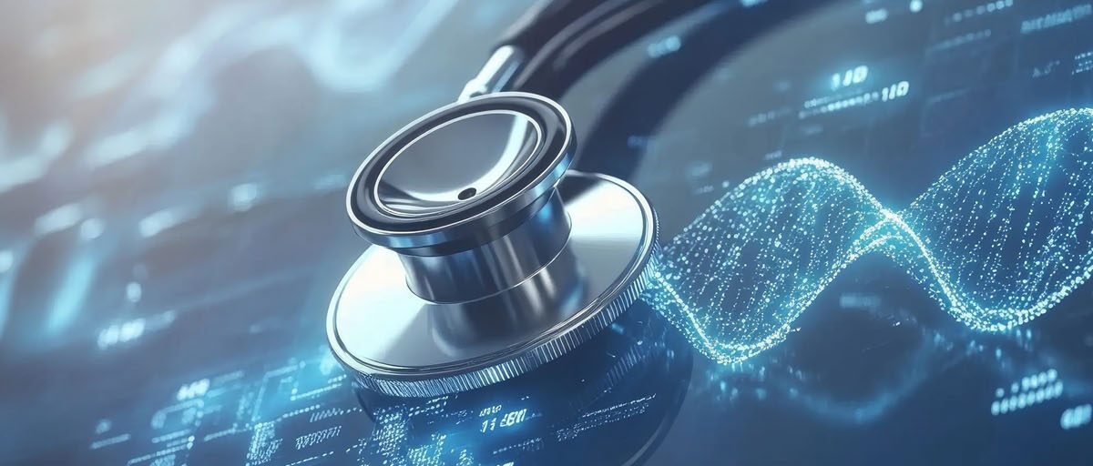 Close up of a stethoscope and digital tablet with virtual electronic medical record of patient
